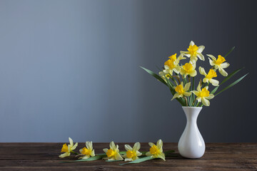 yellow narcissus  in vase on wooden table on dark background