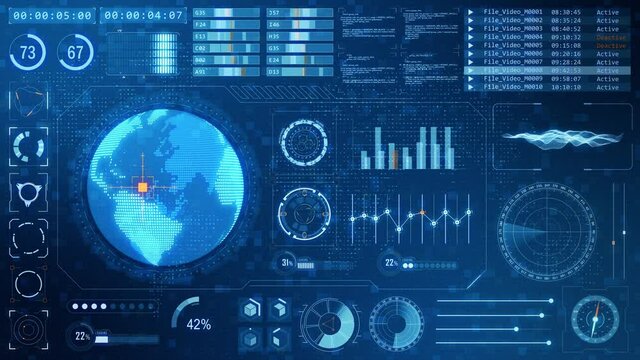 Motion graphic of searching point on blue earth with futuristic head up display ( HUD UI ) technology interface screen and chat panel on abstract background - Powered by Adobe