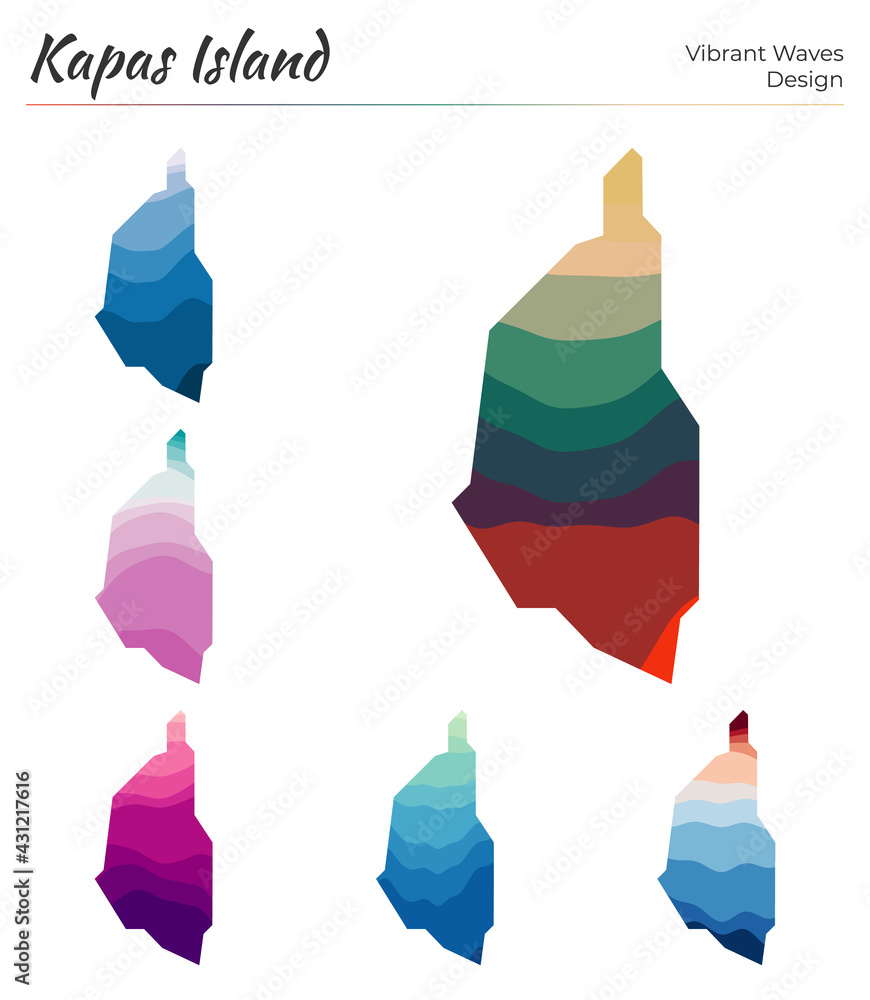 Poster set of vector maps of kapas island. vibrant waves design. bright map of island in geometric smooth c