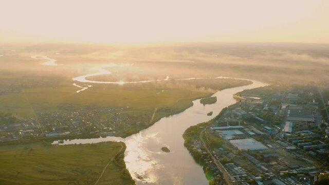 Industrial village in the forest Industrial city on the river The river Kahn Russia Siberia Krasnoyarskiy Kray Kansk town
