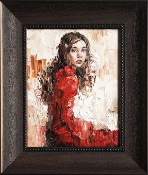 Portrait of a young beautiful girl in a red dress. Framed oil painting on canvas.