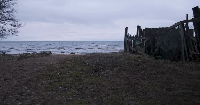 Gulf of Finland beach in the town of Sosnovy Bor in cloudy cold autumn weather