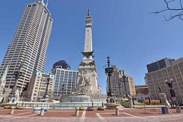 Wide angle view of the Soldiers and Sailors monument, Monument Circle, Indianapolis, Indiana
