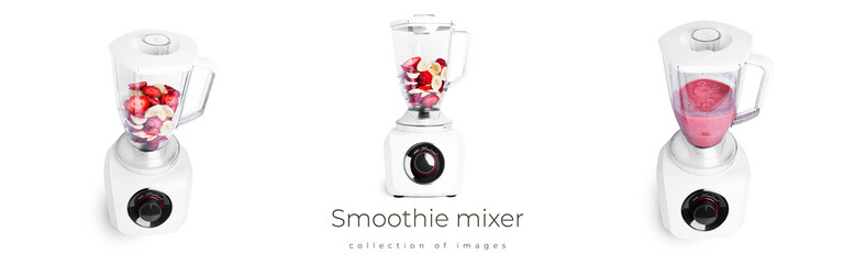 Smoothie mixer with fruits isolated on white background. Blender for smoothie.