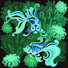 pattern with underwater world, fish, algae and corals on a dark background