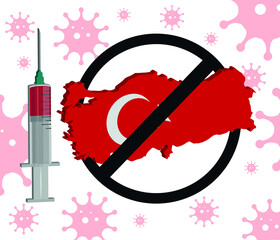 Turkey Concept. Map Template. Coronavirus and Vaccine concept. Prohibited sign. Wuhan coronavirus outbreak flu and pandemic concept banner flat style illustration background

