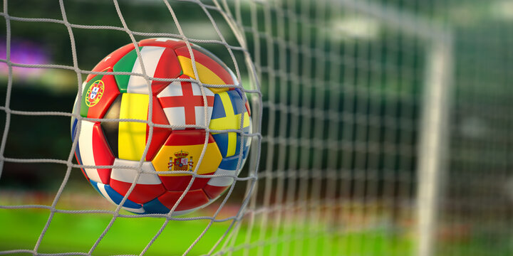 Football ball with flags of european countries in the net of goal of football stadium. Euro championship 2021.