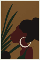 Boho art design, minimalism. Vector drawing of an African female face with brown hair on a background of green leaves. Abstract painting for art print in living room, office, bedroom.Modern Home Decor