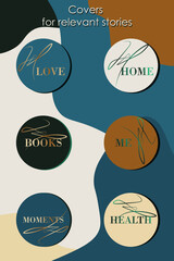A set of round icons for trending Instagram stories in a seasoned turquoise-orange color scheme. The icons have lettering and abstract gradient zigzags. A set of 6 icons.