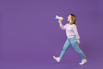 Full length young fun expressive happy smiling student caucasian woman 20s in purple sweater scream...