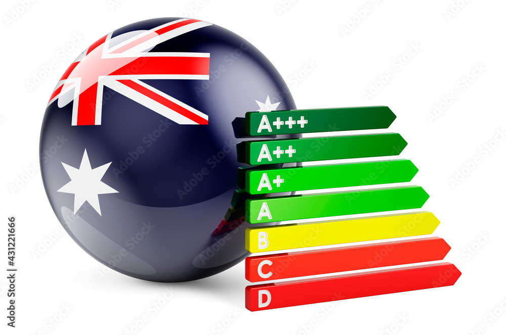 Poster australian flag with energy efficiency rating. performance certificates in australia concept. 3d ren