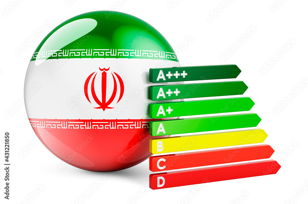 Poster iranian flag with energy efficiency rating. performance certificates in iran concept. 3d rendering