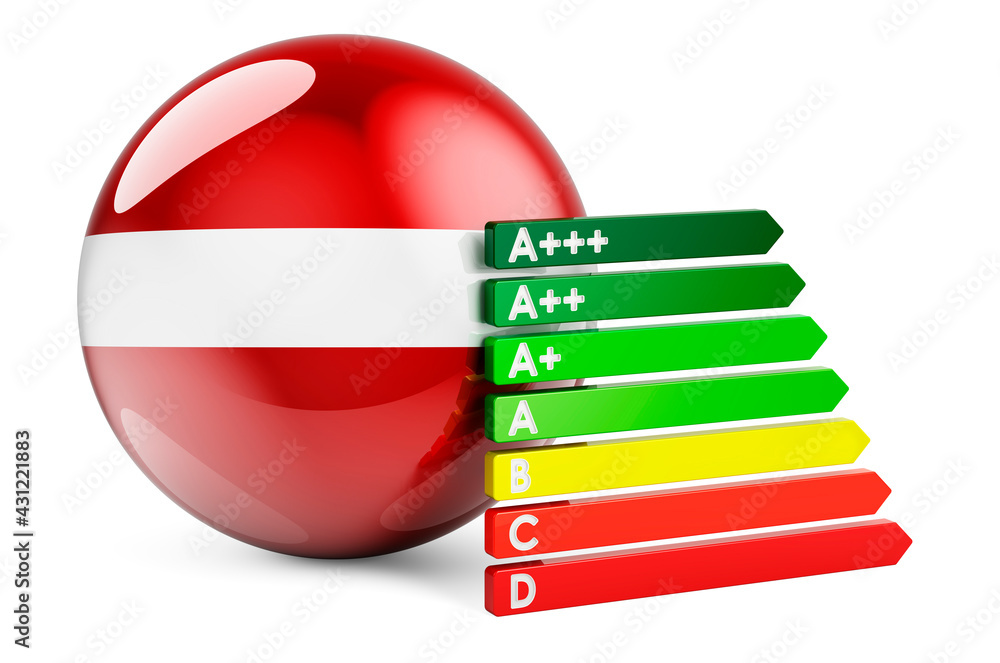 Poster latvian flag with energy efficiency rating. performance certificates in latvia concept. 3d rendering