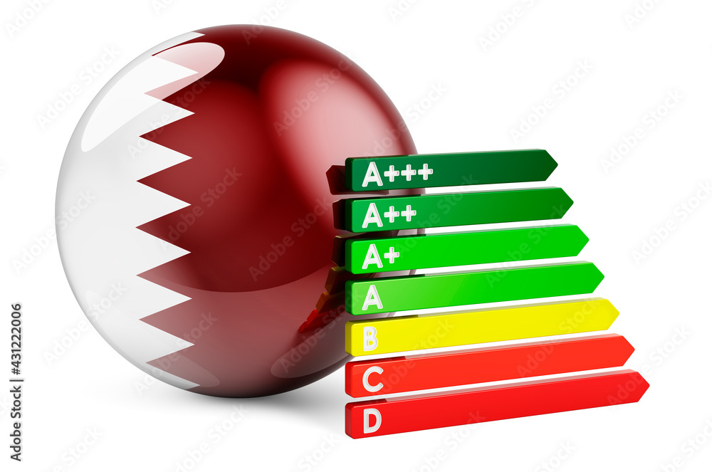 Poster qatari flag with energy efficiency rating. performance certificates in qatar concept. 3d rendering