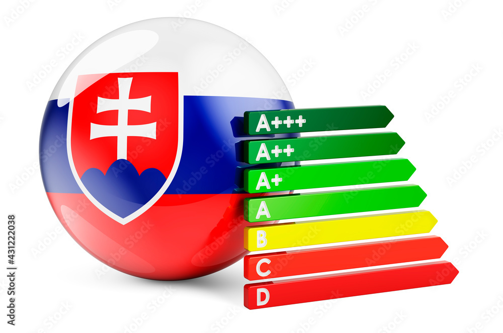 Poster slovak flag with energy efficiency rating. performance certificates in slovakia concept. 3d renderin