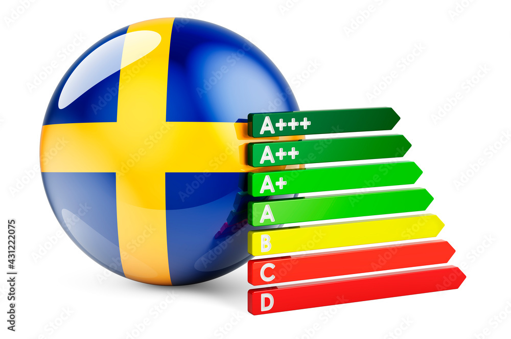 Poster swedish flag with energy efficiency rating. performance certificates in sweden concept. 3d rendering