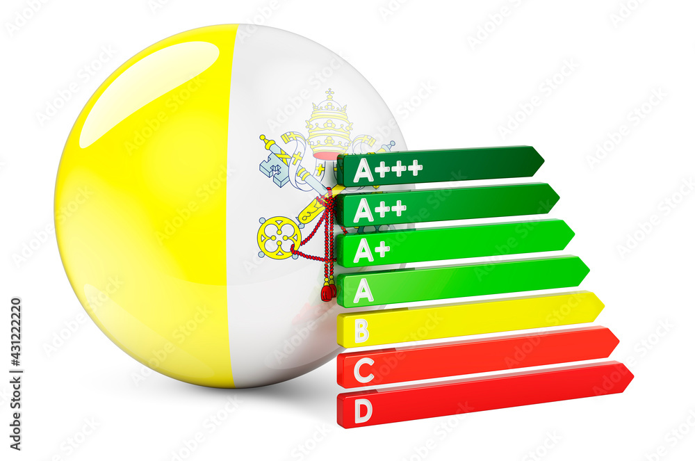 Poster vatican flag with energy efficiency rating. performance certificates in vatican concept. 3d renderin