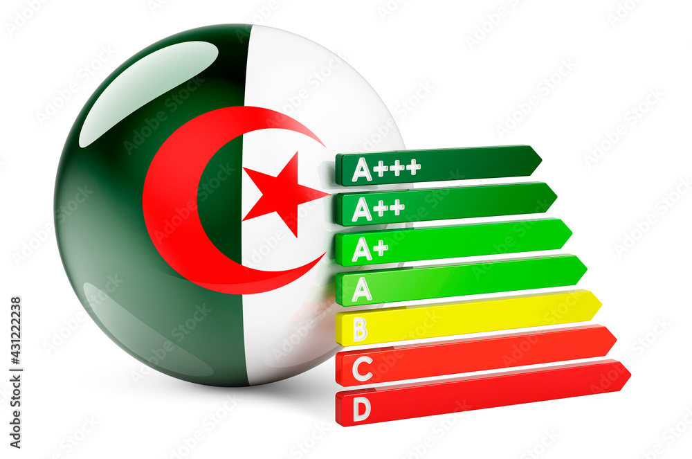 Aufkleber algerian flag with energy efficiency rating. performance certificates in algeria concept. 3d renderi