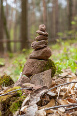 Fototapeta na wymiar Tower of stacked sandstones on the forest floor