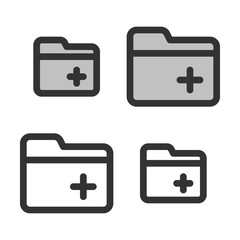 Pixel-perfect  linear  icon of a creating new folder built on two base grids of 32x32 and 24x24 pixels. The initial base line weight is 2 pixels. In two-color and one-color versions. Editable strokes