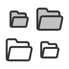 Pixel-perfect  linear  icon of an open folder built on two base grids of 32 x 32 and 24 x 24 pixels. The initial base line weight is 2 pixels. In two-color and one-color versions. Editable strokes