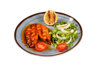 asian salmon, asian food in traditional vintage plate. Fish and vegetables white background