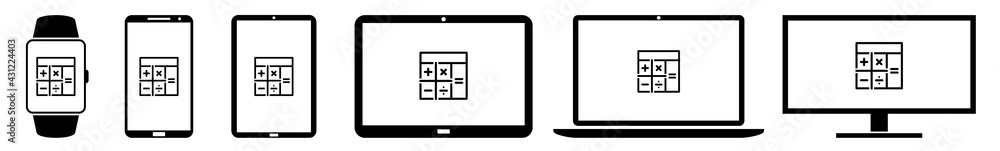 Poster display calculator, machine, mathematics, math icon devices set | web screen device online | laptop 
