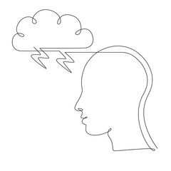 Human head with storm cloud in one line drawing style. Mindfulness and stress management in psychology. Bad thoughts and feelings. Concept of Mental illness. Vector illustration