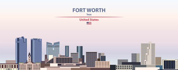 Naklejka premium Fort Worth cityscape on sunset sky background vector illustration with country and city name and with flag of United States