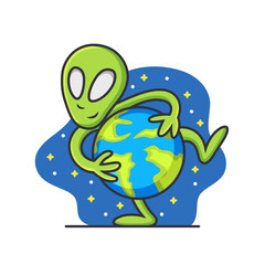 Alien with Earth Cartoon. Vector Icon Illustration, Isolated on Premium Vector
