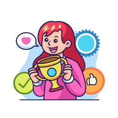 Girl with Trophy Cartoon. Academic Vector Icon Illustration, Isolated on Premium Vector