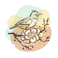 A small bird sits on a branch with flowers. Sketchy art on a background of colored spots. Drawing in Japanese style.