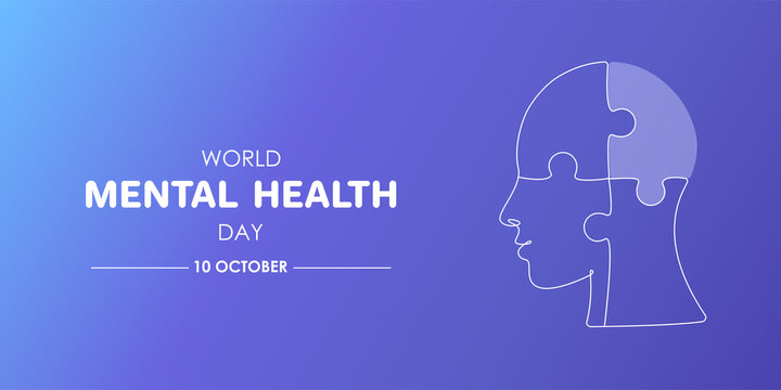 Puzzle shaped head lacking one piece in one line drawing. Horizontal banner notification about World Mental health day. Vector illustration