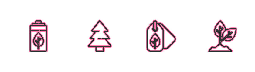 Set line Eco nature leaf and battery, Tag with, Christmas tree and Plant icon. Vector