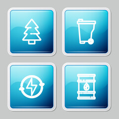 Set line Christmas tree, Trash can, Lightning bolt and Bio fuel barrel icon. Vector