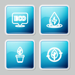 Set line Label for eco healthy food, Water energy, Plant in pot and Recycle and leaf icon. Vector