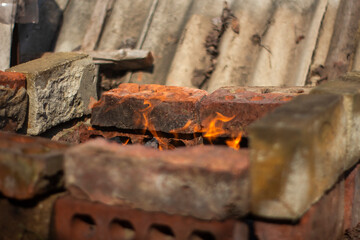 brazier made of bricks, fire for meat