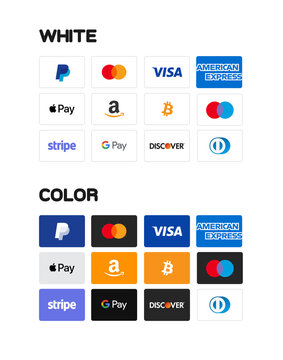 MOSCOW, RUSSIA - MAY 1, 2021: Set payment and credit card Icons: paypal, visa, mastercard, amazon, maestro, apple pay, google pay, bitcoin, stripe, jcb, discover