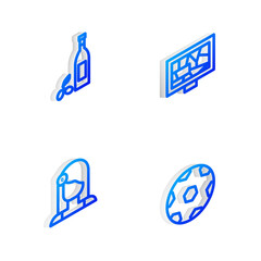 Set Isometric line Picture art, Bottle of olive oil, Spanish woman and Football ball icon. Vector