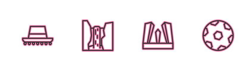 Set line Spanish hat, Gate of Europe, Algar waterfall and Football ball icon. Vector