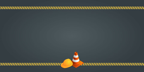 Vector background with orange plastic traffic cones, construction helmet, safety tape and copyspace. Under construction template on dark gray background. Vector illustration.