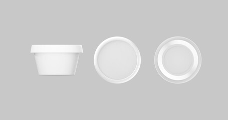 3D black and white round container for cream, butter, melted cheese or margarine spread. Perspective view isolated on gray background. Packaging mockup image.
