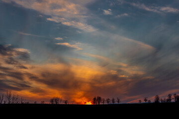 Sunset view in Roprachtice village in Krkonose mountains with color sky