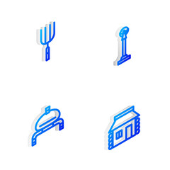 Set Isometric line Monument of Independence, Garden pitchfork, Bread and salt and Ukrainian house icon. Vector