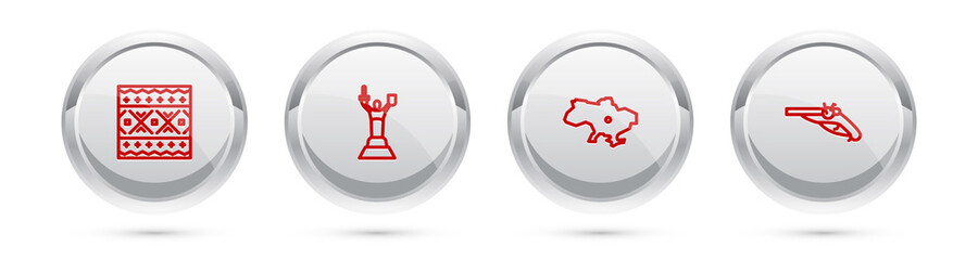 Set line Ukrainian ethnic pattern, Mother Motherland monument, Map of Ukraine and Vintage pistols. Silver circle button. Vector