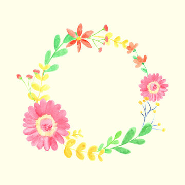 Hand painted watercolor of colorful flower wreath
