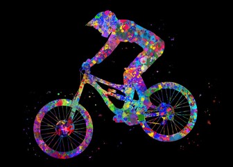 Downhill mountain bike jump watercolor art with black background, abstract sport painting. sport art print, watercolor illustration rainbow, colorful, decoration wall art.