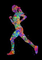 Naklejka na ściany i meble Runner female watercolor art with black background, abstract sport painting. sport art print, watercolor illustration rainbow, colorful, decoration wall art.