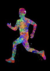 Naklejka na ściany i meble Runner watercolor art with black background, abstract sport painting. sport art print, watercolor illustration rainbow, colorful, decoration wall art.