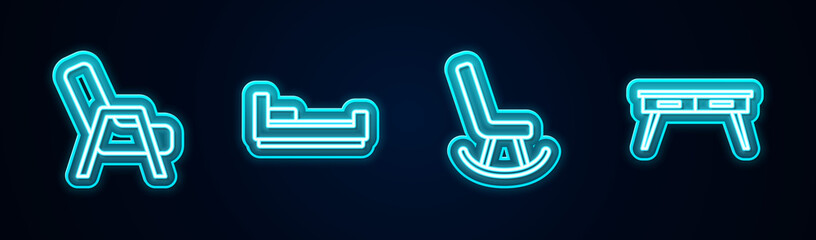 Set line Armchair, Bed, and Office desk. Glowing neon icon. Vector